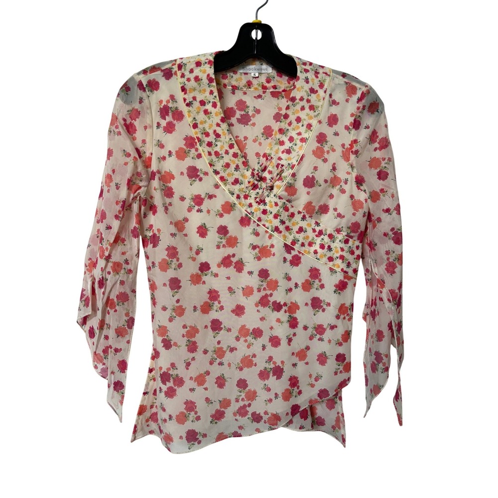 Y2K Shockwave Floral VNeck Faux Wrap Blouse Pink Orange Rose Split Bell Sleeve S